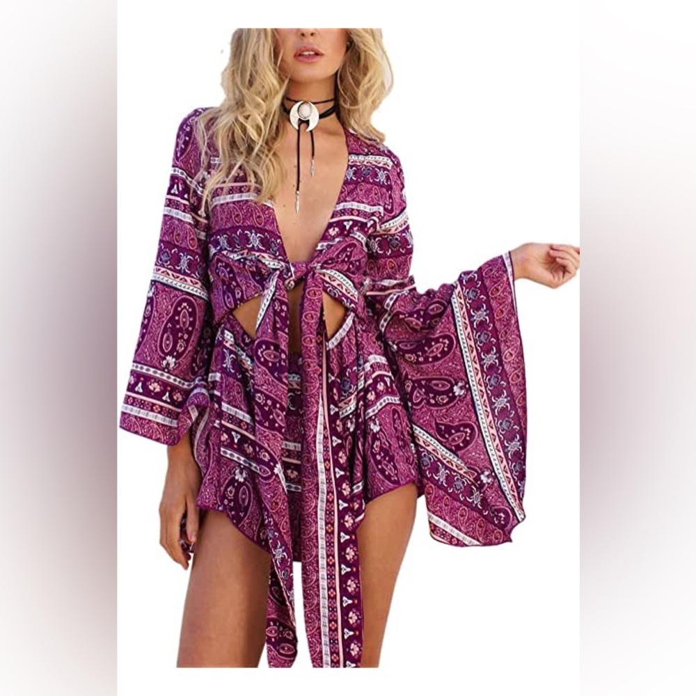 Women's Boho V Neck Print Romper Playsuit With Long Flare Sleeves